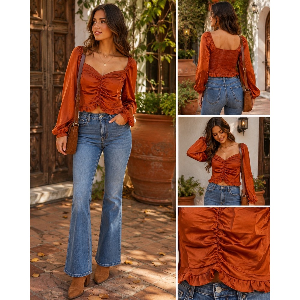 Forever 21 Rust Orange Satin Ruched Smocked Back Long Sleeve Crop Top Small